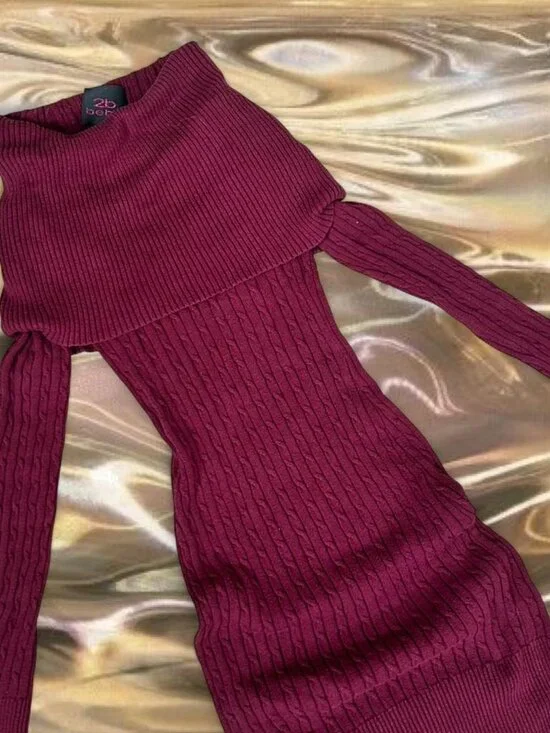 Vintage 2B Bebe Wine Red Knit Sweater Dress ⭐️ Off Shoulder fold over turtleneck - Picture 3 of 5
